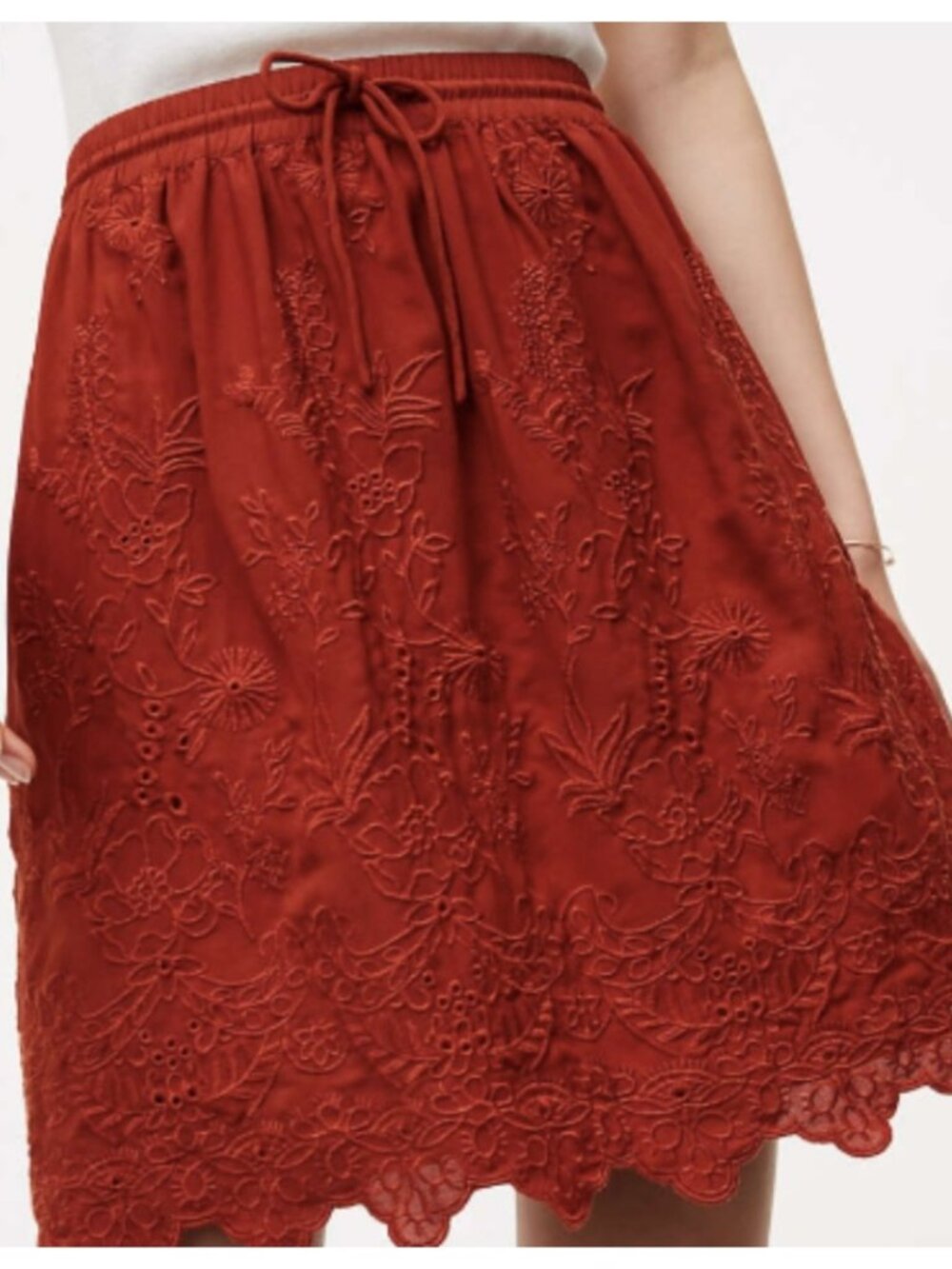 LOFT Rust Oat Copper Floral Embroidered Scalloped Hem Skirt sz M